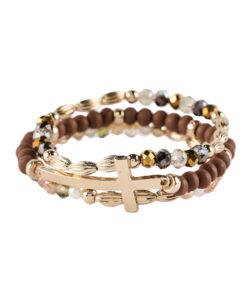 3 Row Wood And Crystal Bead Stretch Cross Bracelet, 3 Assorted