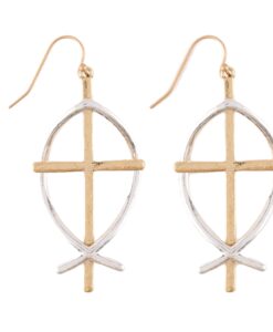 Ichthys Fish Two Tone Cross Earrings