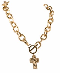 Hammered Oval Chain Cross Charm Toggle Necklace