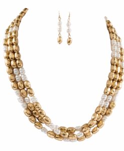 N/E Set Triple Layered Pearl And Gold Bead
