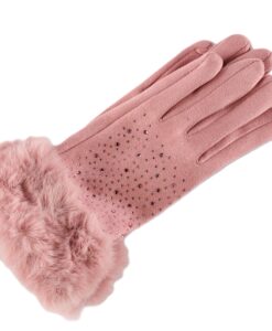 Rhinestone With Fur Cuff Fleece Lined Gloves, 4 Assorted