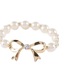 Pearl And Gold Bow With Rhinestone Stretch Bracelet