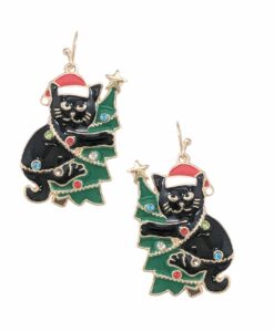 Black Cat Climbing Christmas Tree Earrings