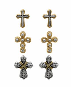 Tailored Two Tone Cross Earrings, 3 Pairs Per Card
