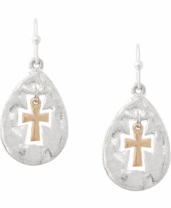 Two Tone Cutout Dangle Cross Teardrop Earrings