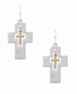 Two Tone Cutout Dangle Cross Earrings