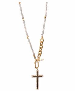 Gray Bead And Chain Pave Cross Pendant Necklace
