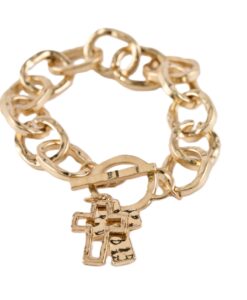 Hammered Oval Chain Cross Charm Toggle Bracelet