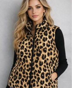 Leopard Print Reversible Black Side Puffer Zip Vest