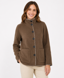 Front Pockets Blanket Stitch Trim Button Jacket