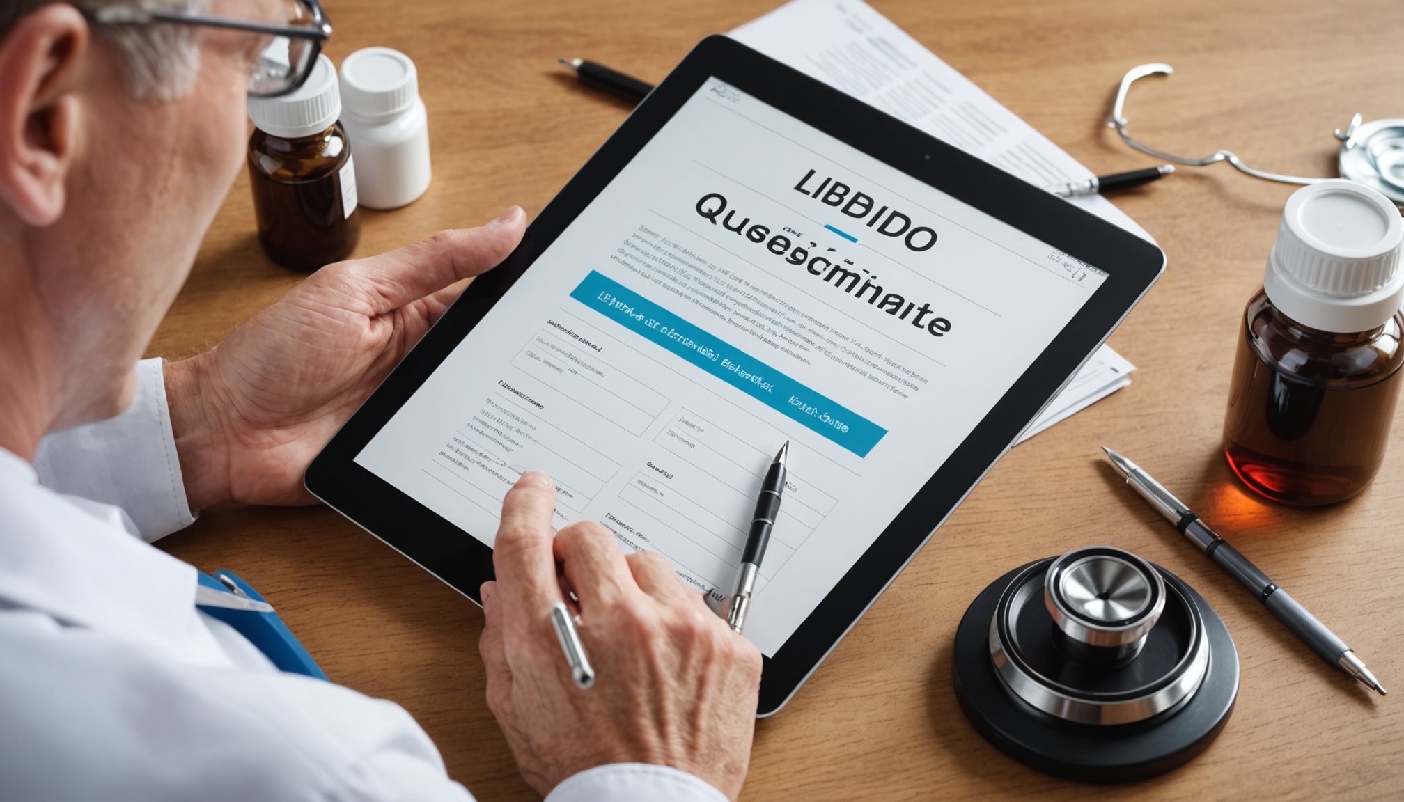 Self-check questionnaire illustration about libido supplements, lifestyle factors, and health considerations